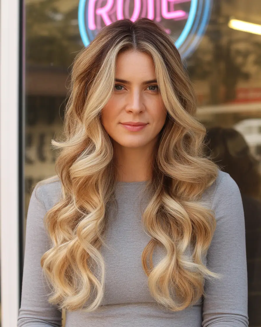 Trendy long hairstyles 2026 Golden Beige Waves With Soft Center Lift