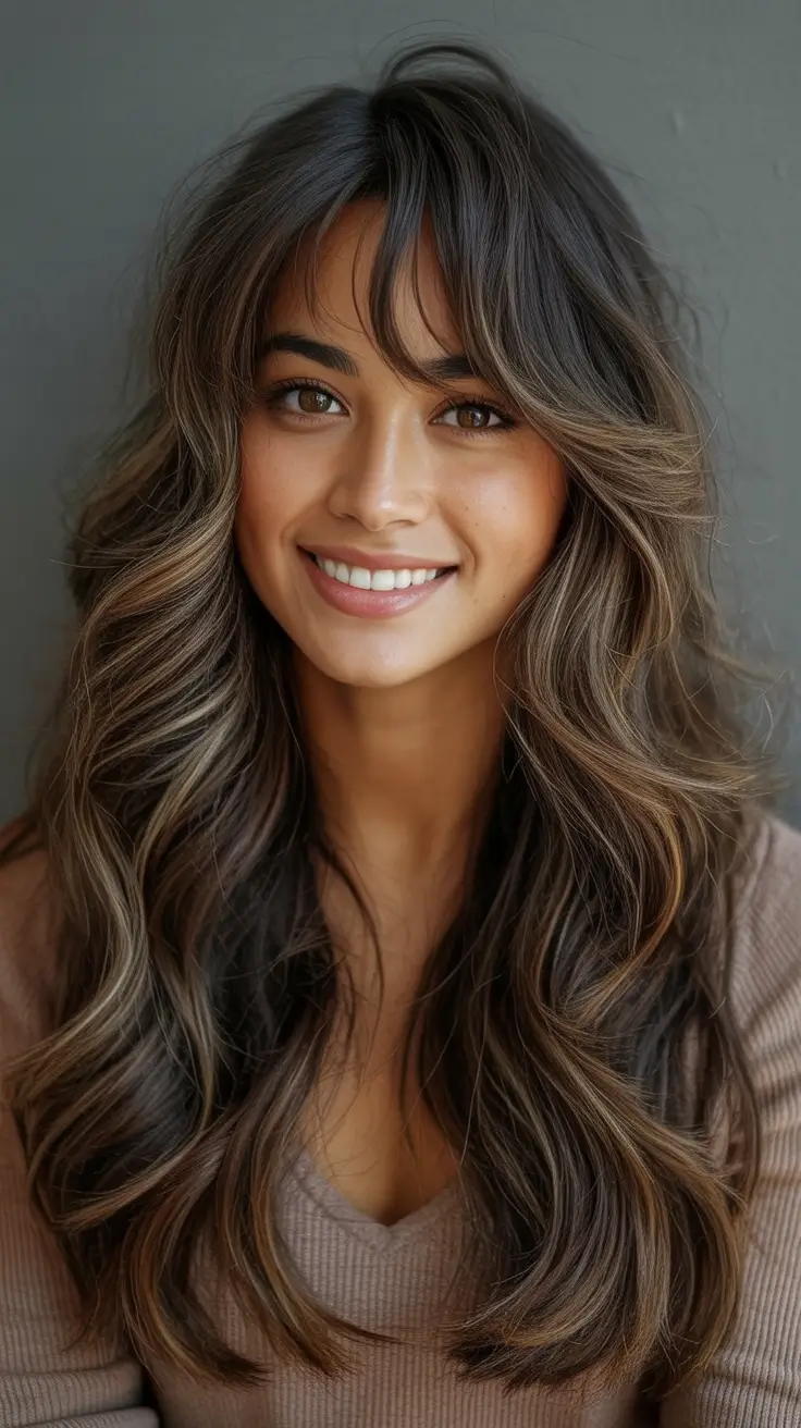 Trendy long hairstyles 2026 Sunlit Brunette Waves With Soft Fringe Texture