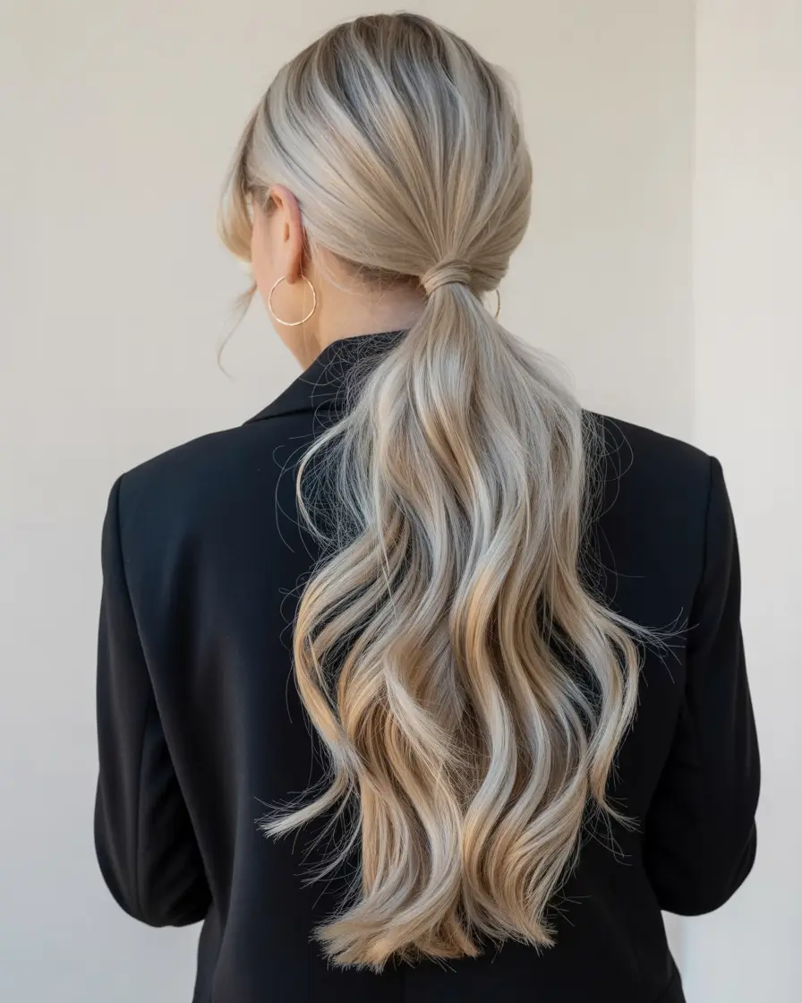 Trendy long hairstyles 2026 Elegant Ponytail Waves With Soft Blonde Dimension