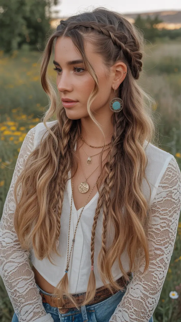 Trendy long hairstyles 2026 Boho Braided Waves With Warm Blonde Flow