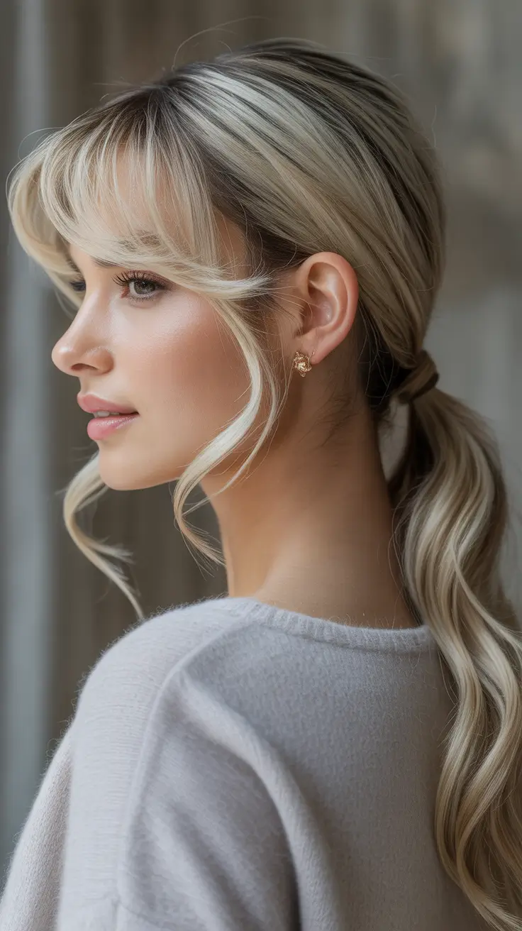Trendy long hairstyles 2026 Low Ponytail with Fringe