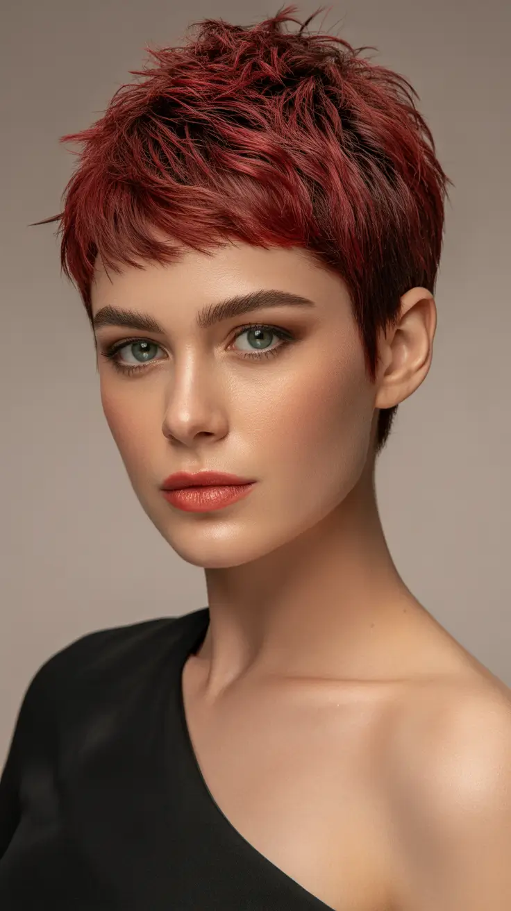 pixie haircut Textured Red Pixie With Softly Shattered Layers