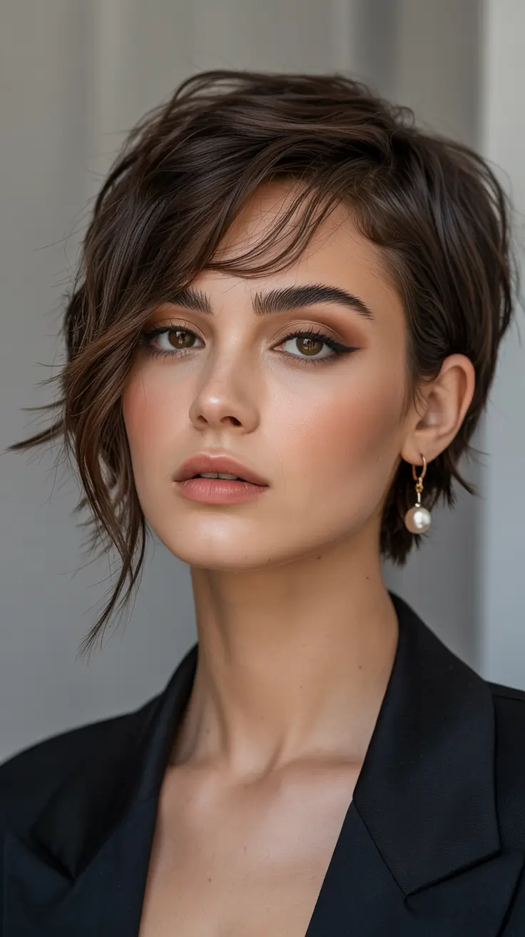 pixie haircut Longer Brunette Pixie With Elegant Side Movement
