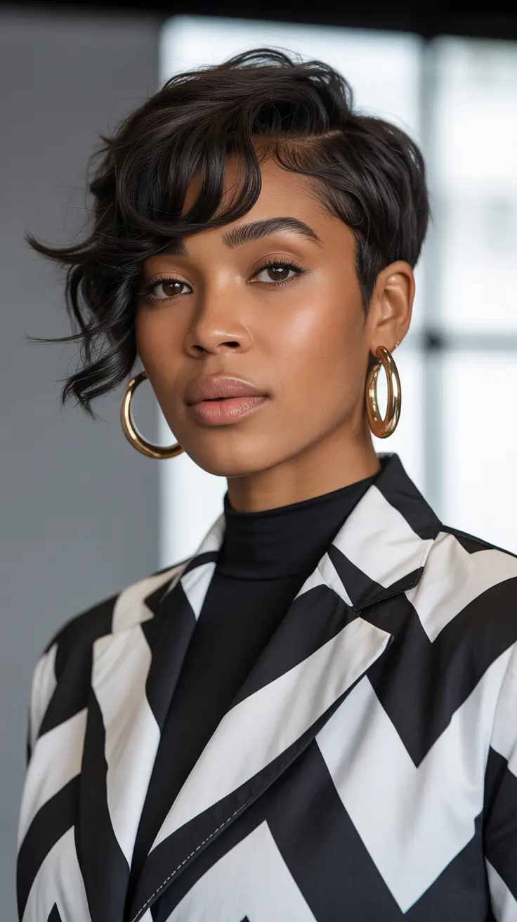 pixie haircut Glossy Black Pixie With Structured Waves