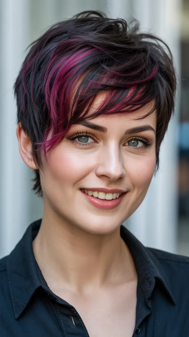 pixie haircut Short Dark Pixie With Playful Pink Highlights