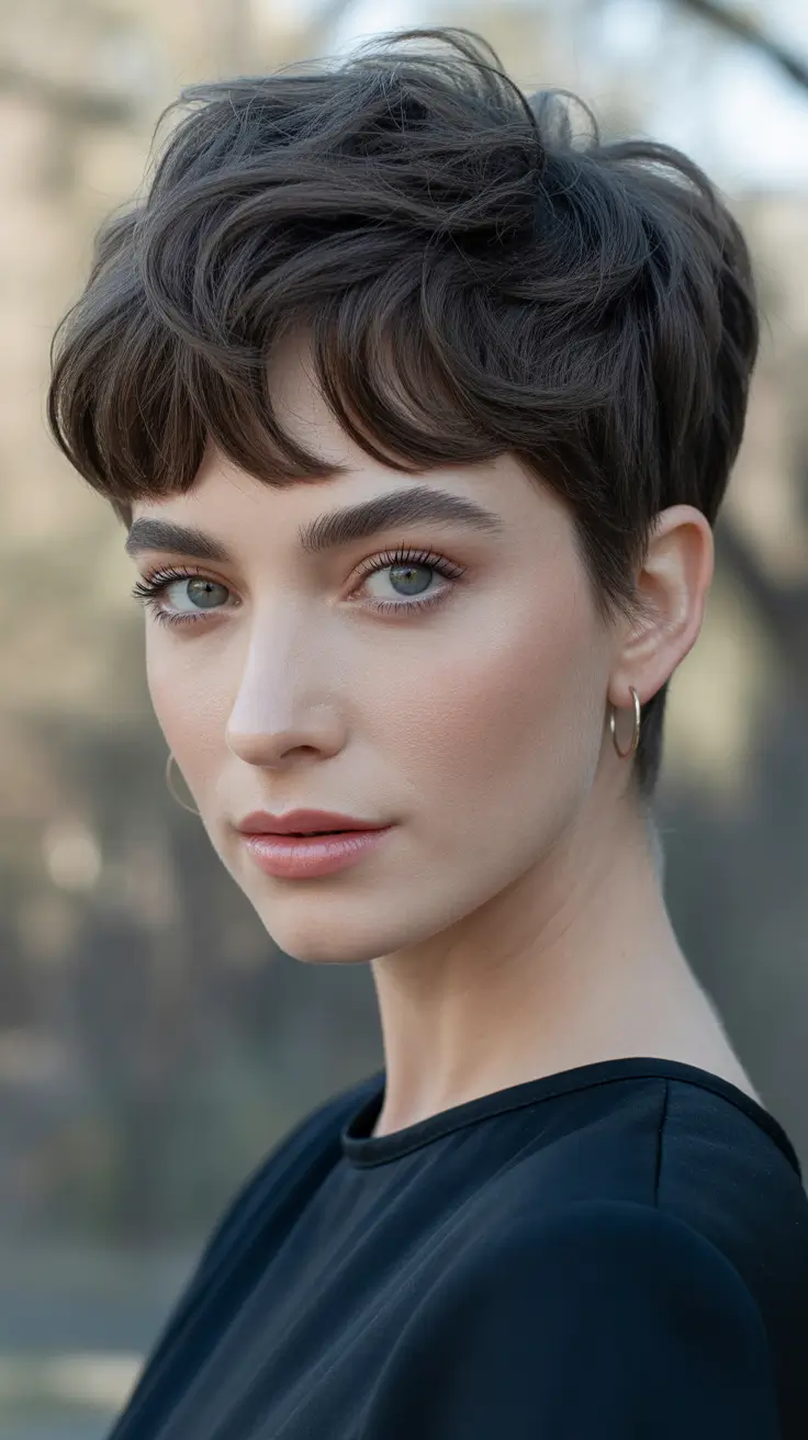 pixie haircut Textured Brunette Pixie With Rounded Fringe