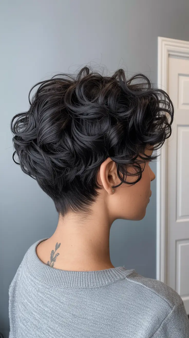 pixie haircut Curly Stacked Pixie With Tapered Nape