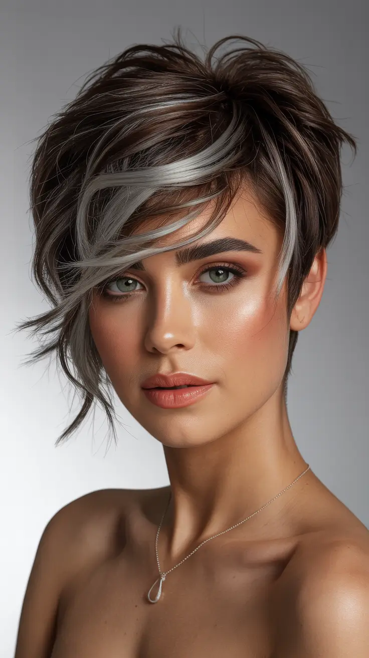 pixie haircut Choppy Silver-Streaked Pixie With Side Drama