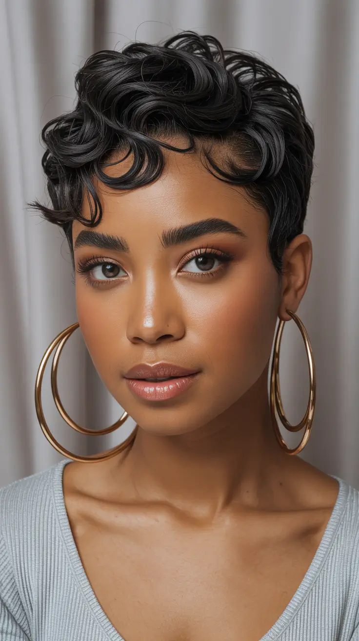 pixie haircut Glossy Black Curly Pixie With Sculpted Definition