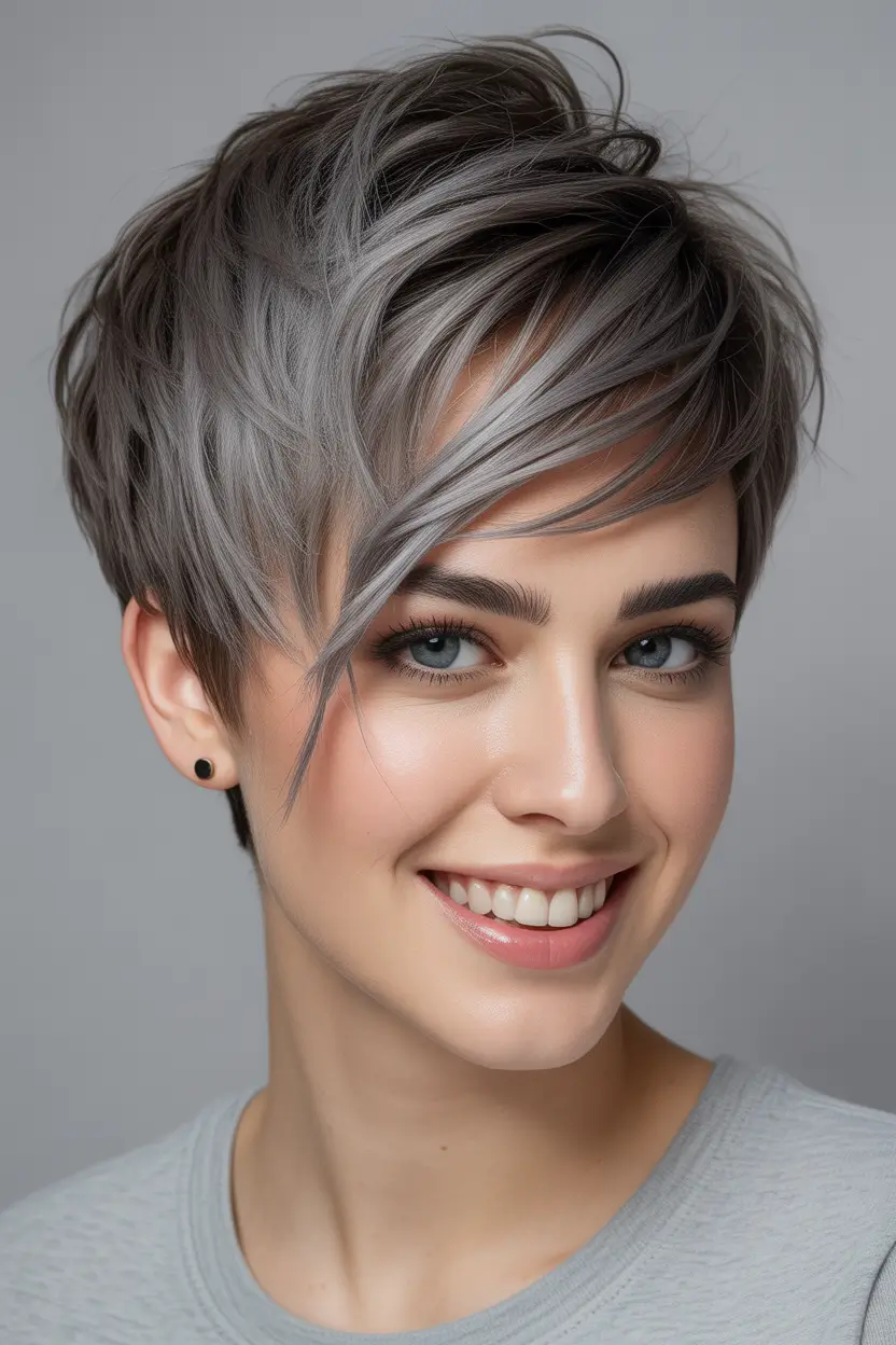 pixie haircut Silver Layered Pixie With Long Side Fringe