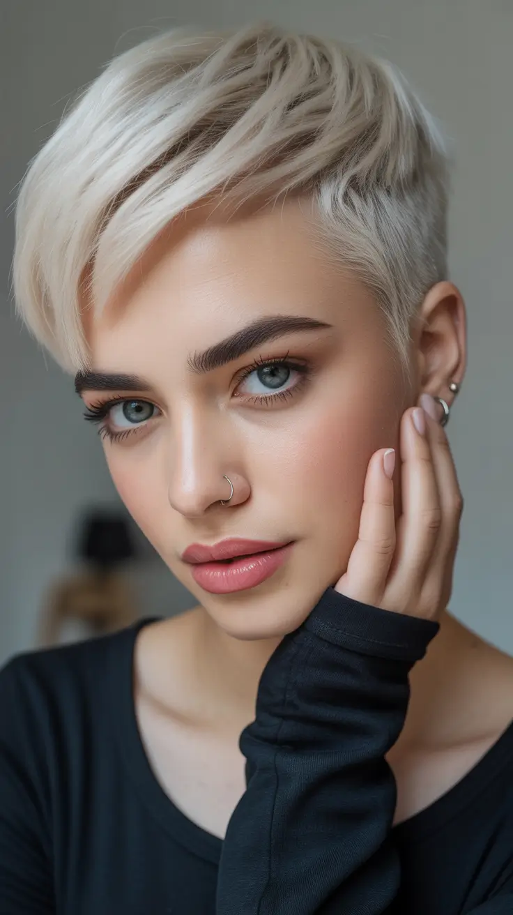 pixie haircut Icy Blonde Pixie With Longer Front Flow