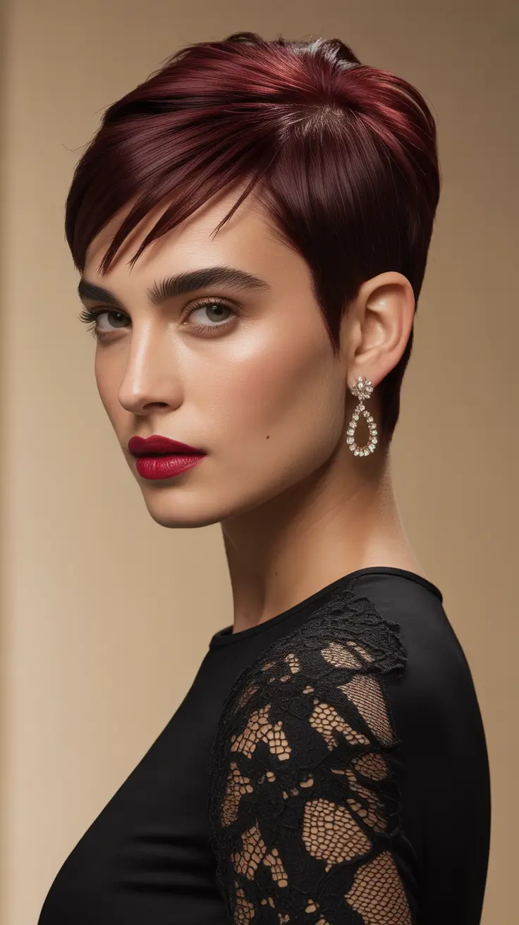 pixie haircut Deep Red Sleek Pixie With Sculpted Detail