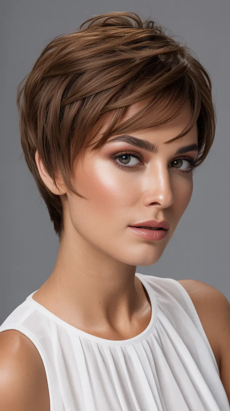 pixie haircut Sunlit Brown Pixie With Wavy Highlights