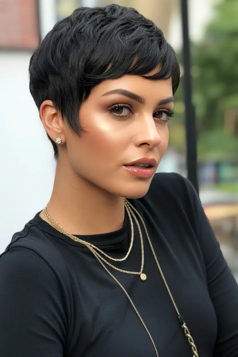 pixie haircut Glossy Brown Pixie With Face-Framing Sweep