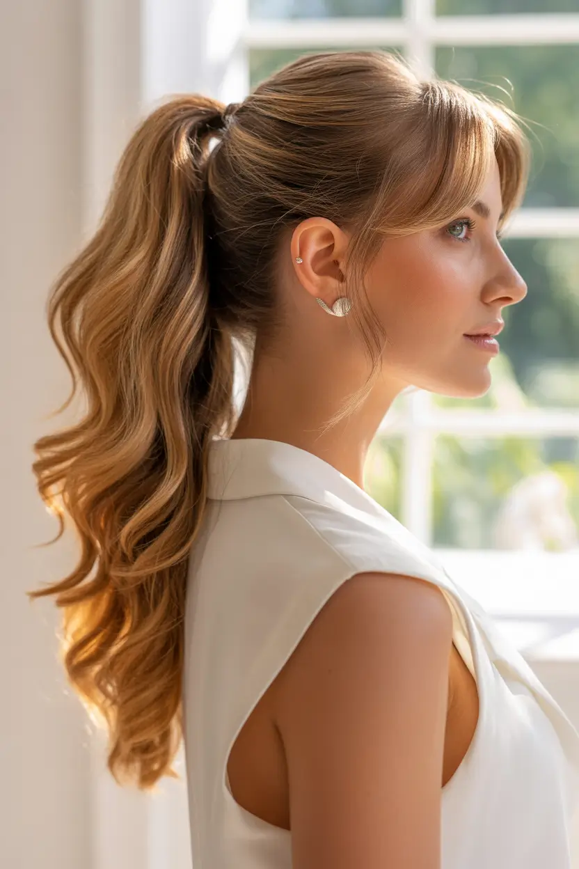 Trendy ponytail hairstyle ideas 2026 Curled Ponytail With Curtain Bangs