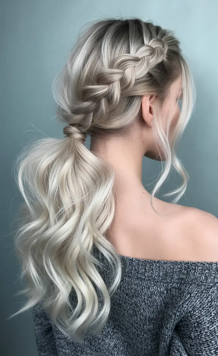 Trendy ponytail hairstyle ideas 2026 Loose Braided Low Ponytail With Winter Waves