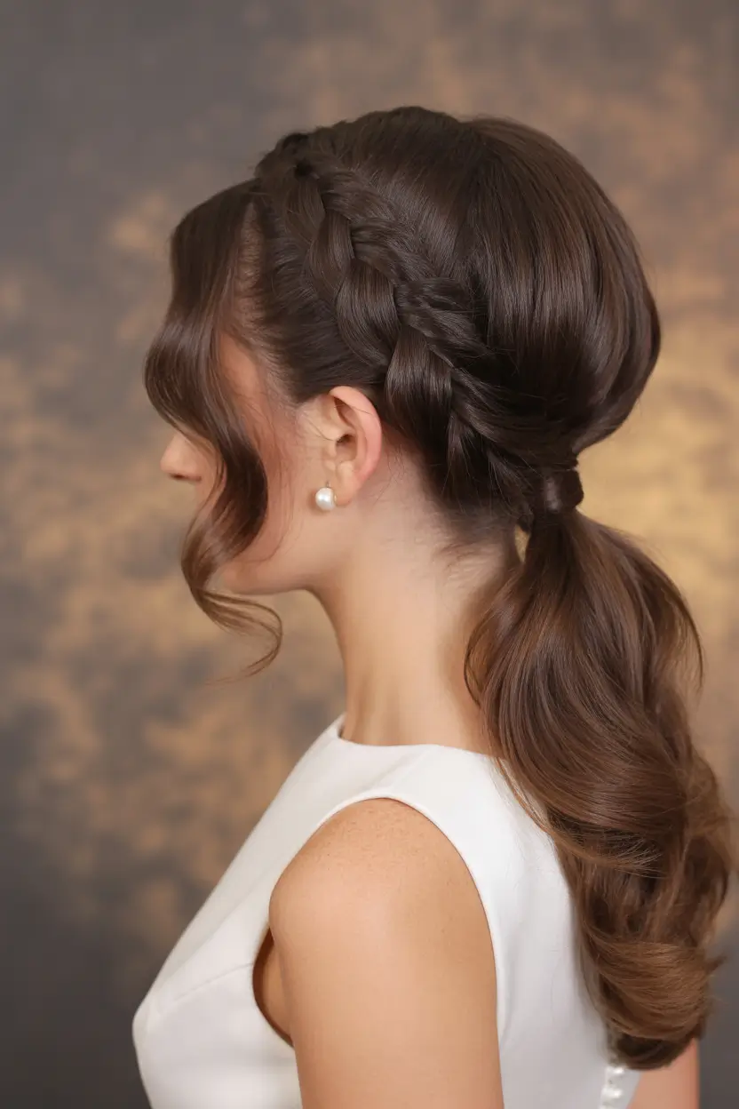 Trendy ponytail hairstyle ideas 2026 Elegant Formal Braided Ponytail for Evening Events