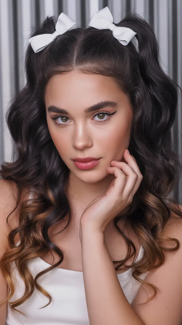 Trendy ponytail hairstyle ideas 2026 Double Half-Up Ponytails With Bows