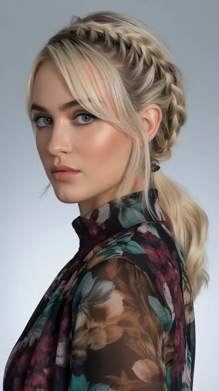 Trendy ponytail hairstyle ideas 2026 Braided Crown Ponytail With Soft Fringe