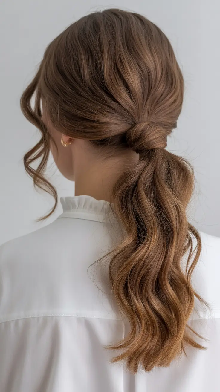 Trendy ponytail hairstyle ideas 2026 Soft Low Wrapped Ponytail With Gentle Waves