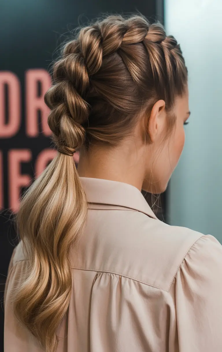 Trendy ponytail hairstyle ideas 2026 Thick Dutch Braid Ponytail With Sculpted Ends