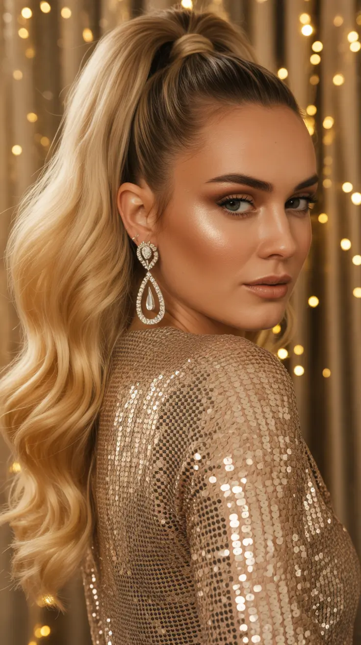 Trendy ponytail hairstyle ideas 2026 Golden Hollywood Ponytail With Cascading Curly Lengths