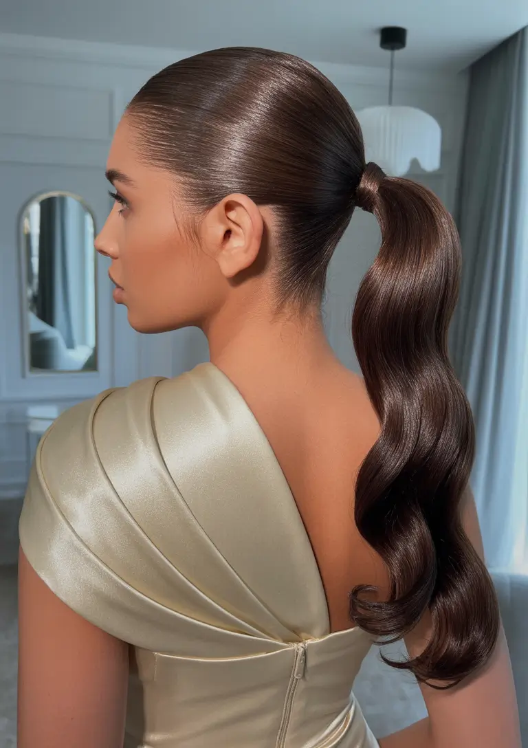 Trendy ponytail hairstyle ideas 2026 Sleek Low Formal Ponytail With Sculpted S-Waves