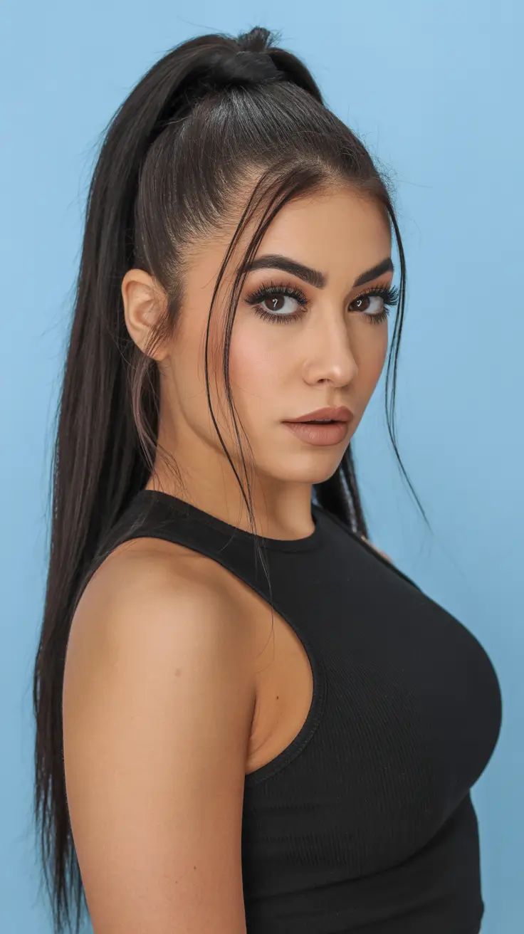 Trendy ponytail hairstyle ideas 2026 High Straight Ponytail With Center-Split Tendrils