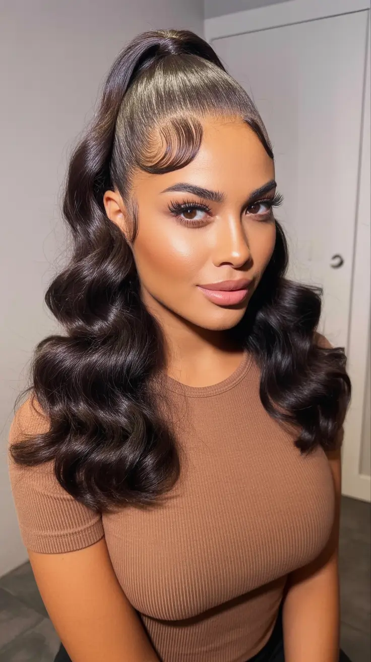 Trendy ponytail hairstyle ideas 2026 High Ponytail With Sculpted Baby Hairs and Glossy Waves
