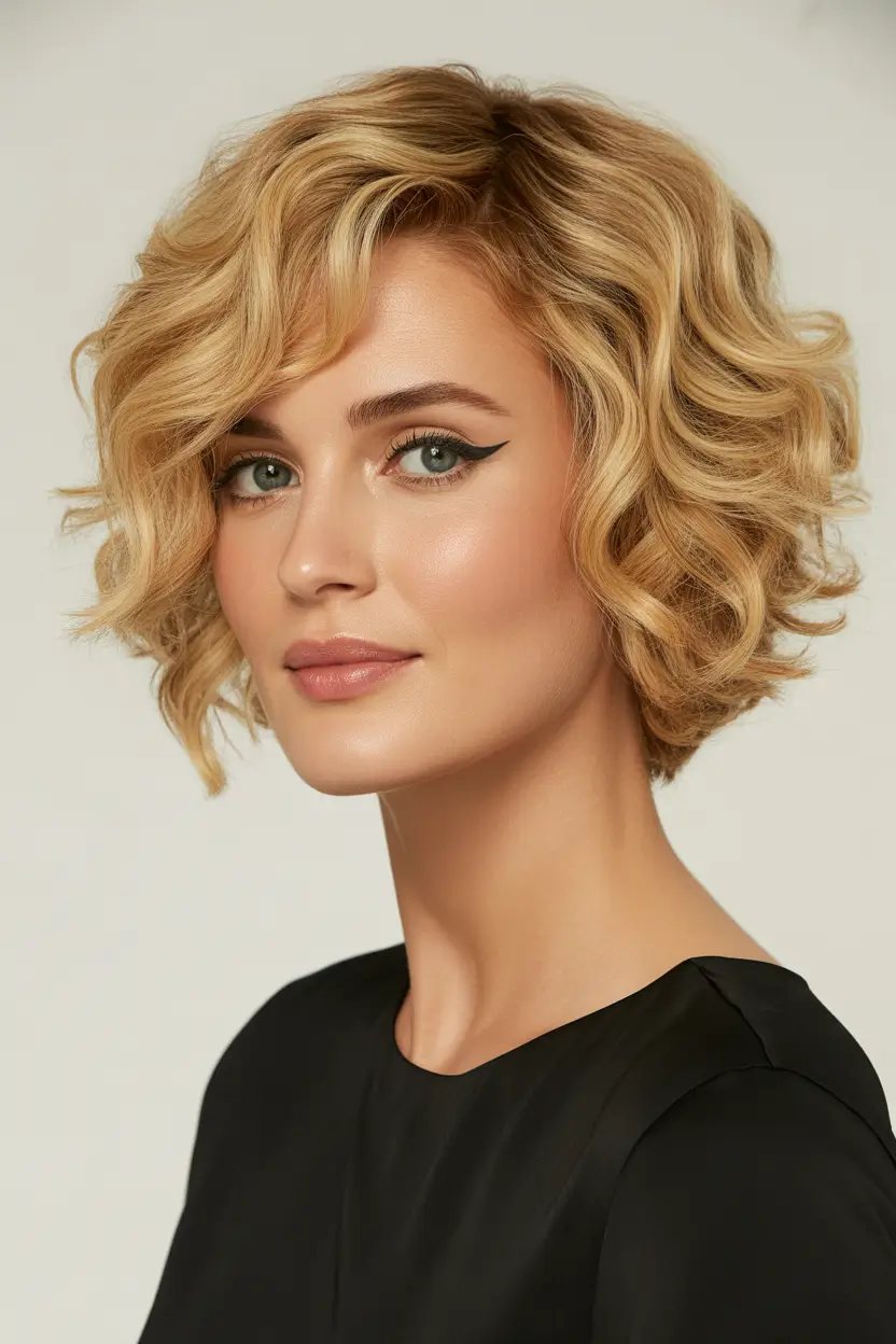 Trendy side part hairstyle ideas 2026 Blonde Side-Part Curly Bob With Definition