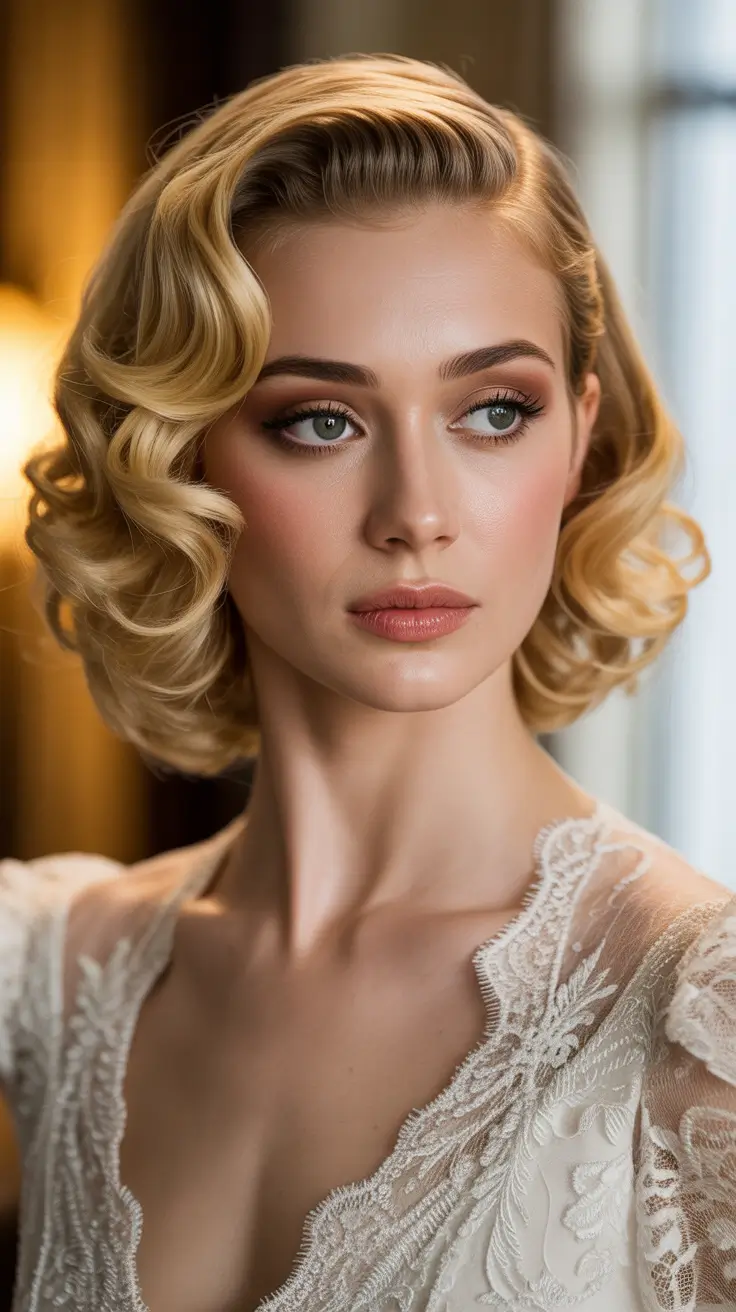 Trendy-side-part-hairstyle-ideas-2026 Vintage Side-Part Waves With Bridal Elegance