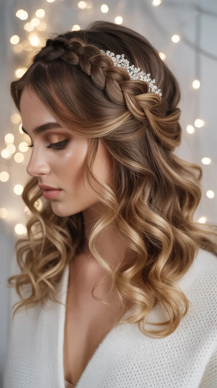 Trendy-side-part-hairstyle-ideas-2026 Braided Side-Part Halo With Cascading Curls