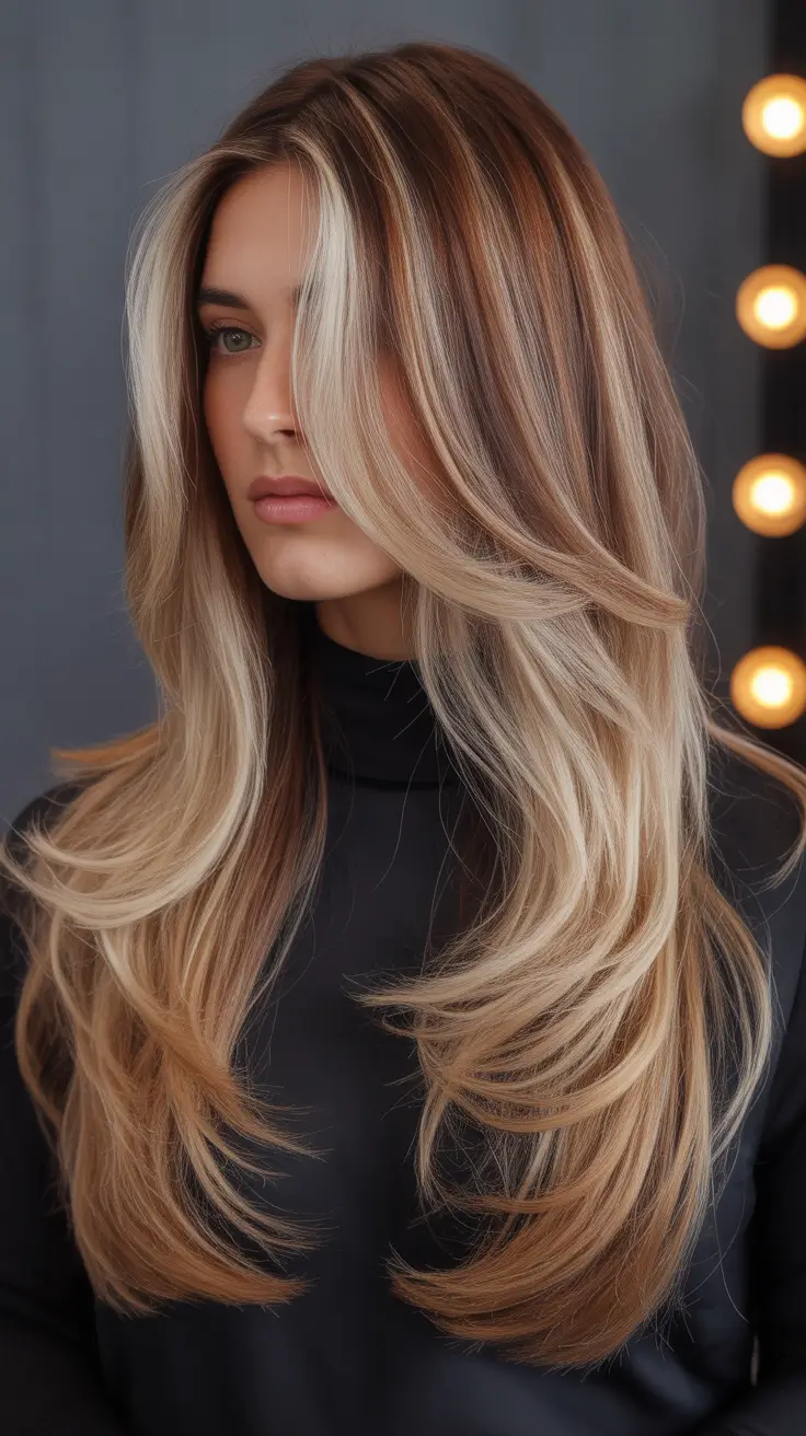 Versatile long haircuts 2026 Sunlit Multi-Toned Layers With Swooped Movement