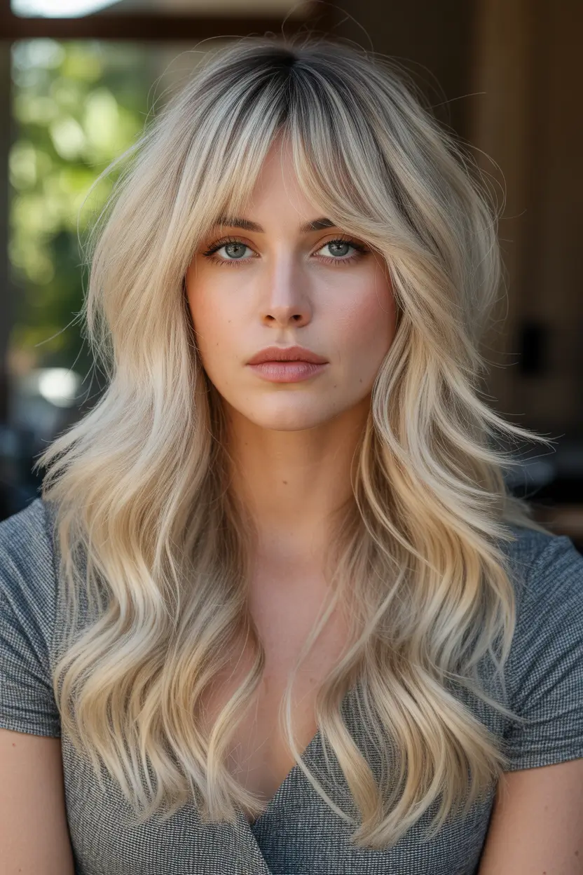 Versatile long haircuts 2026 Soft Blonde Waves With Delicate Curtain Bangs