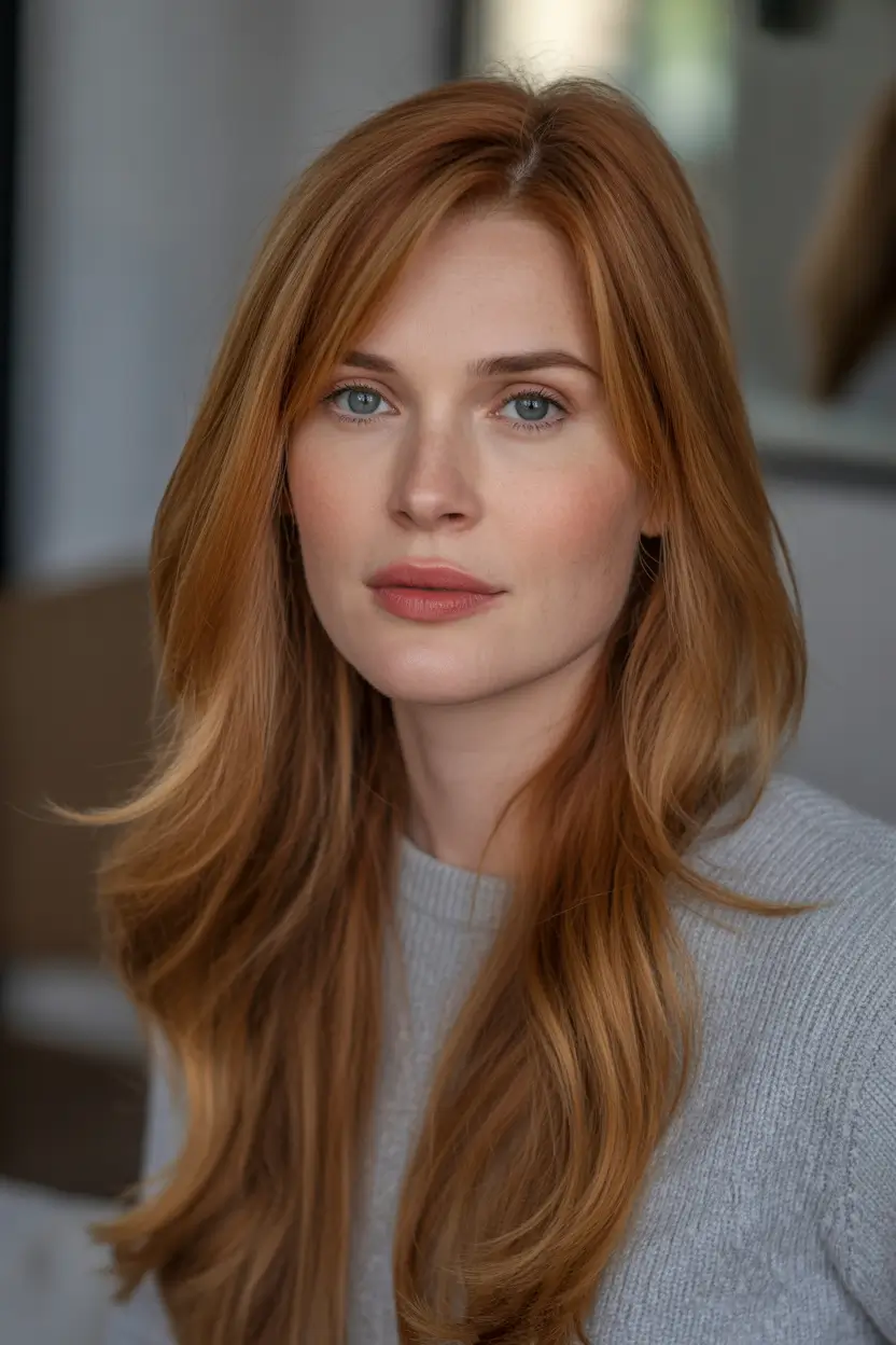 Versatile long haircuts 2026 Soft Copper Layers With Natural Light Movement
