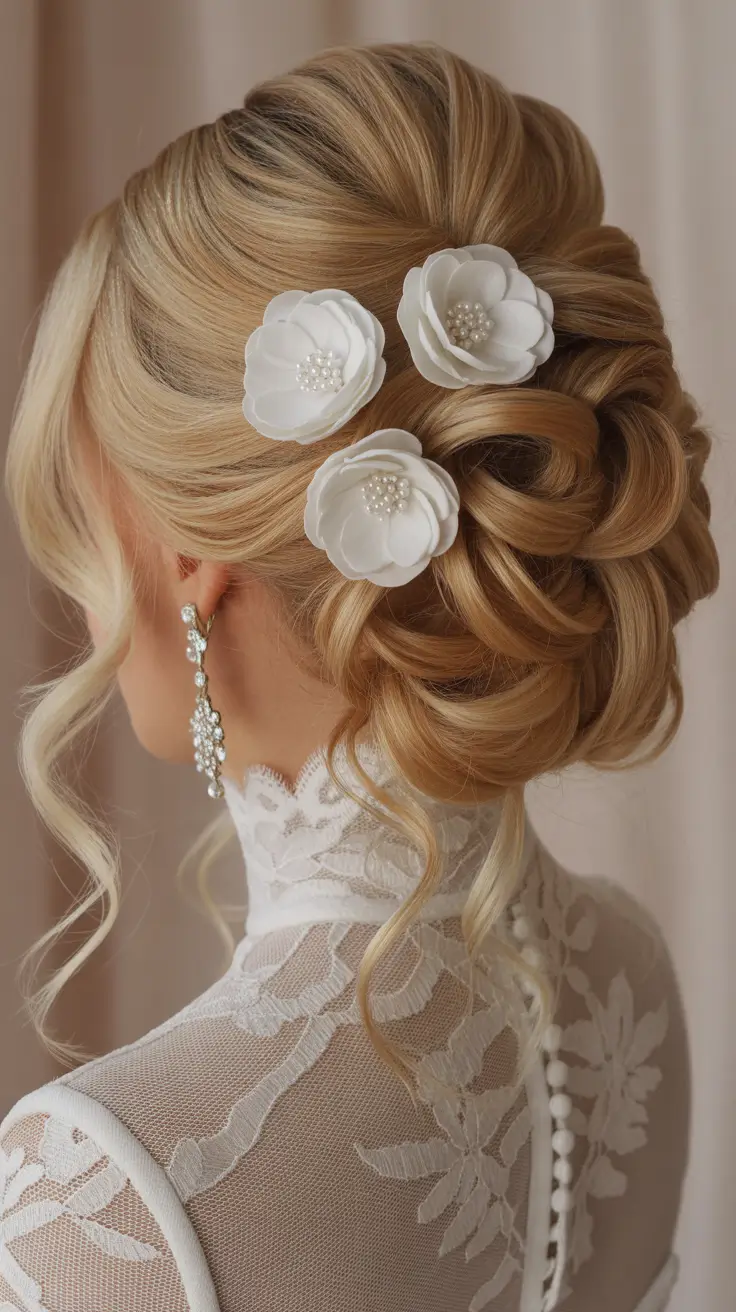 Wedding hair ideas 2026 - Soft Romantic Updo With Floral Accents
