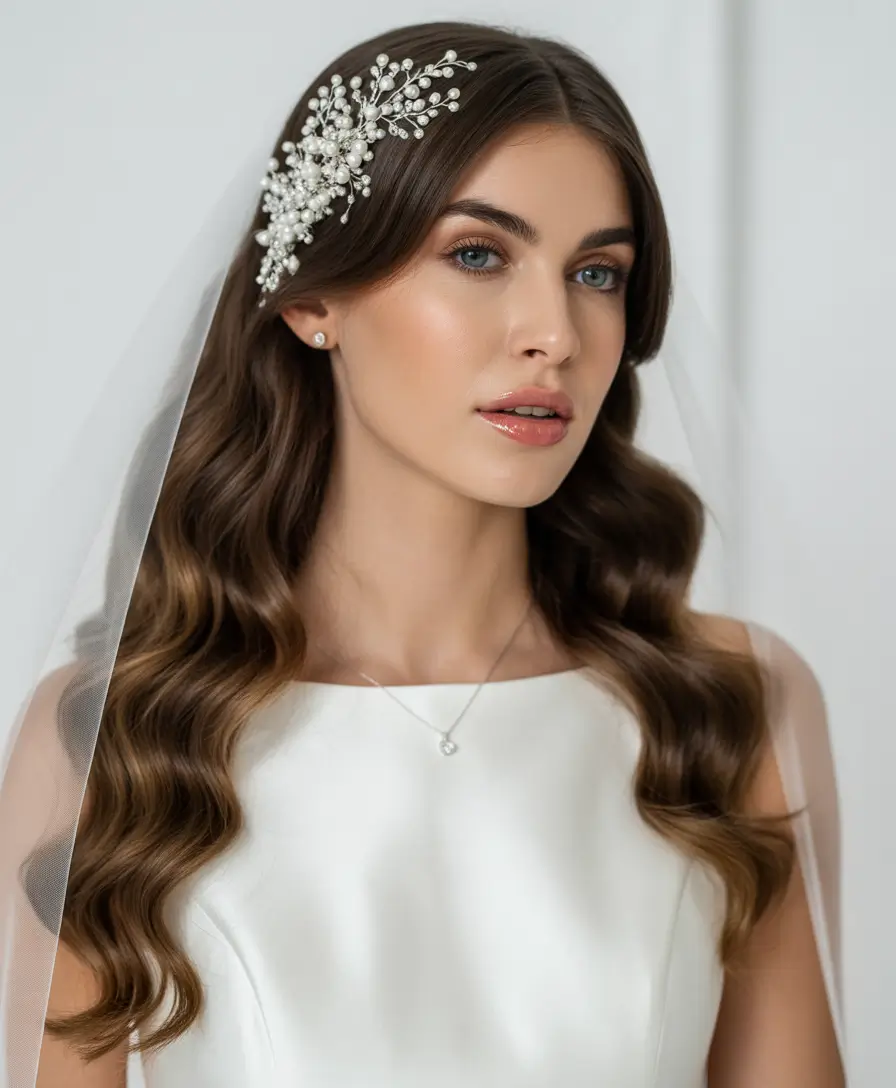Wedding hair ideas 2026 - Soft Waves With Pearl Embellished Veil