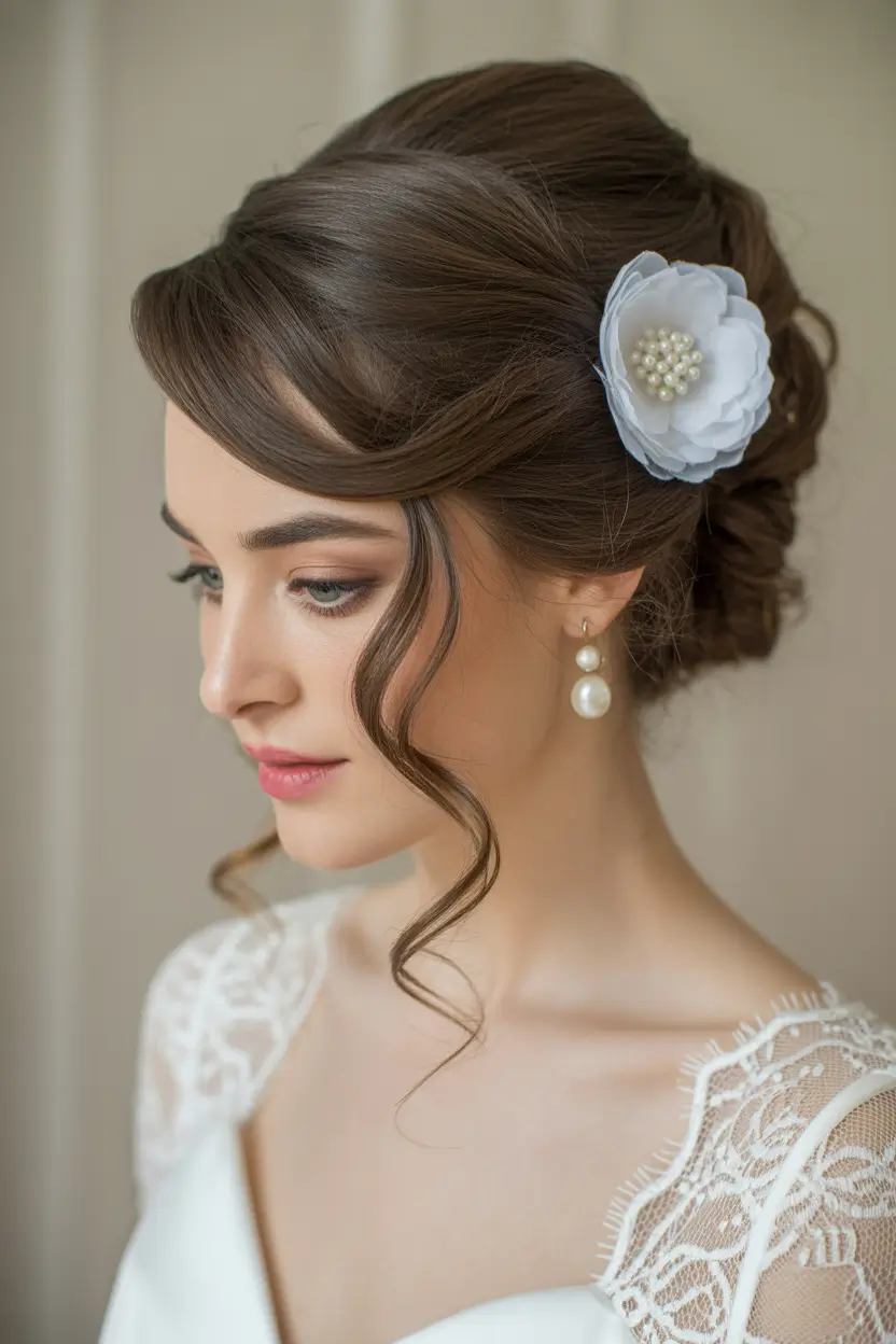 Wedding hair ideas 2026 - Classic Side-Swept Bun With White Floral Accent