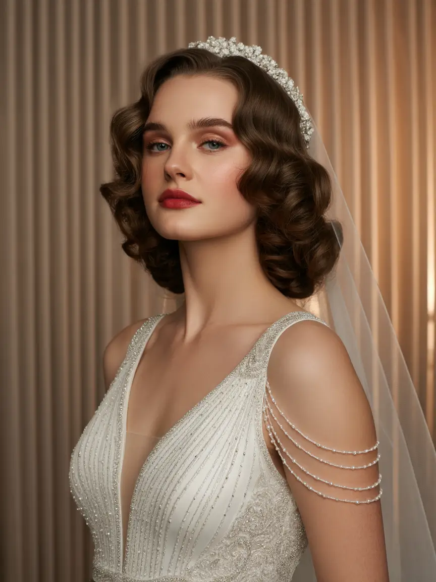 Wedding hair ideas 2026 - Retro Curled Bob With Pearl Tiara