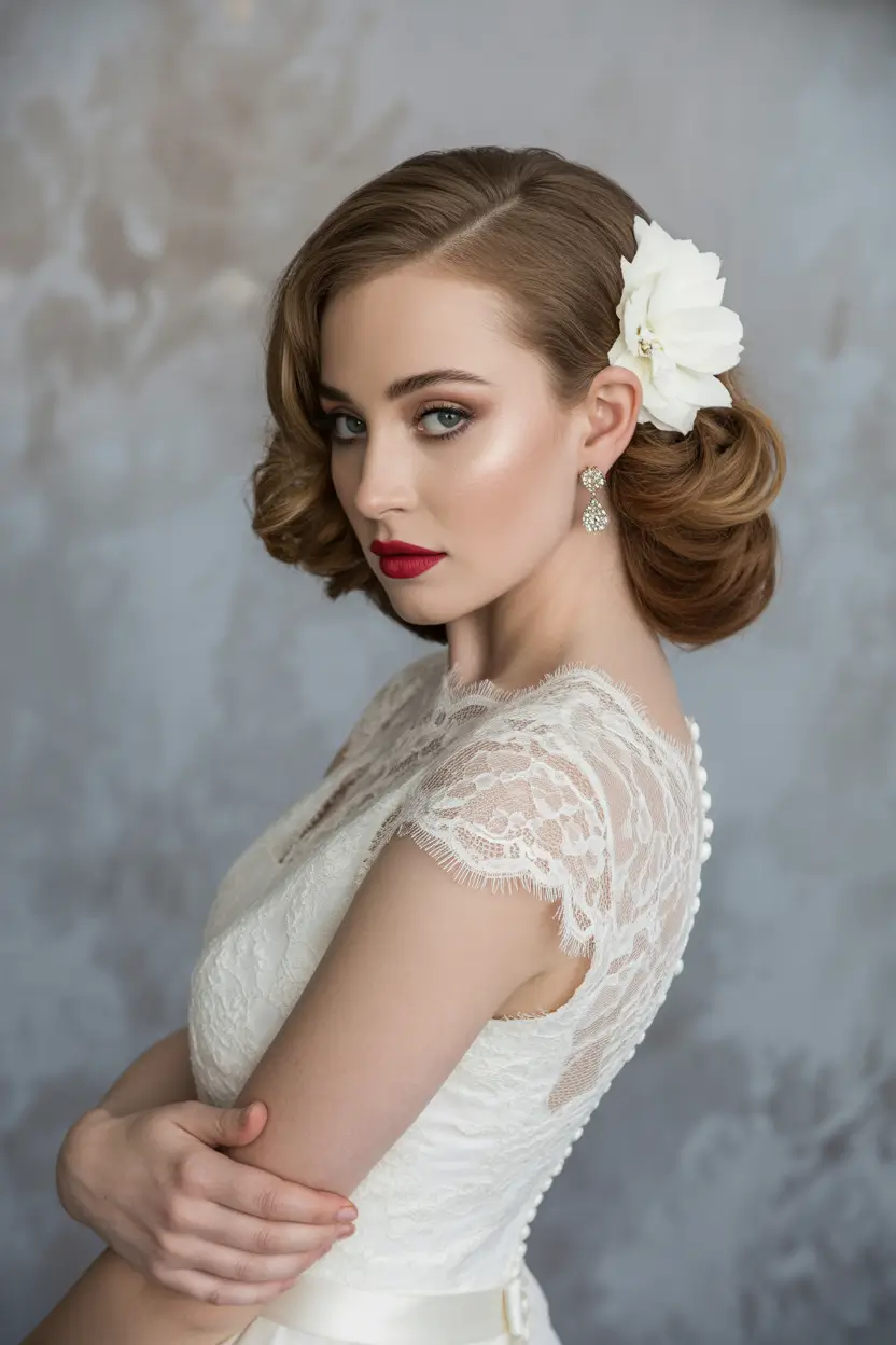 Wedding hair ideas 2026 - Side-Swept Vintage Waves With Large Floral Accent