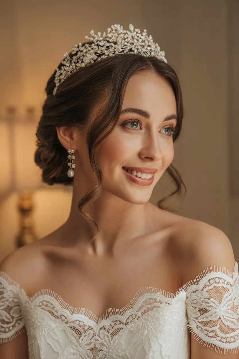 Wedding hair ideas 2026 - Romantic Crowned Bun With Crystal Tiara