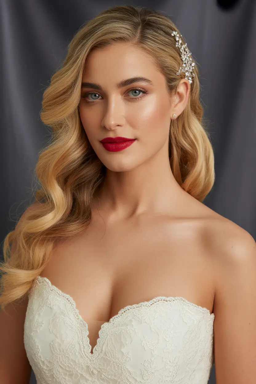 Wedding hair ideas 2026 - Hollywood-Inspired Side Waves With Crystal Clip