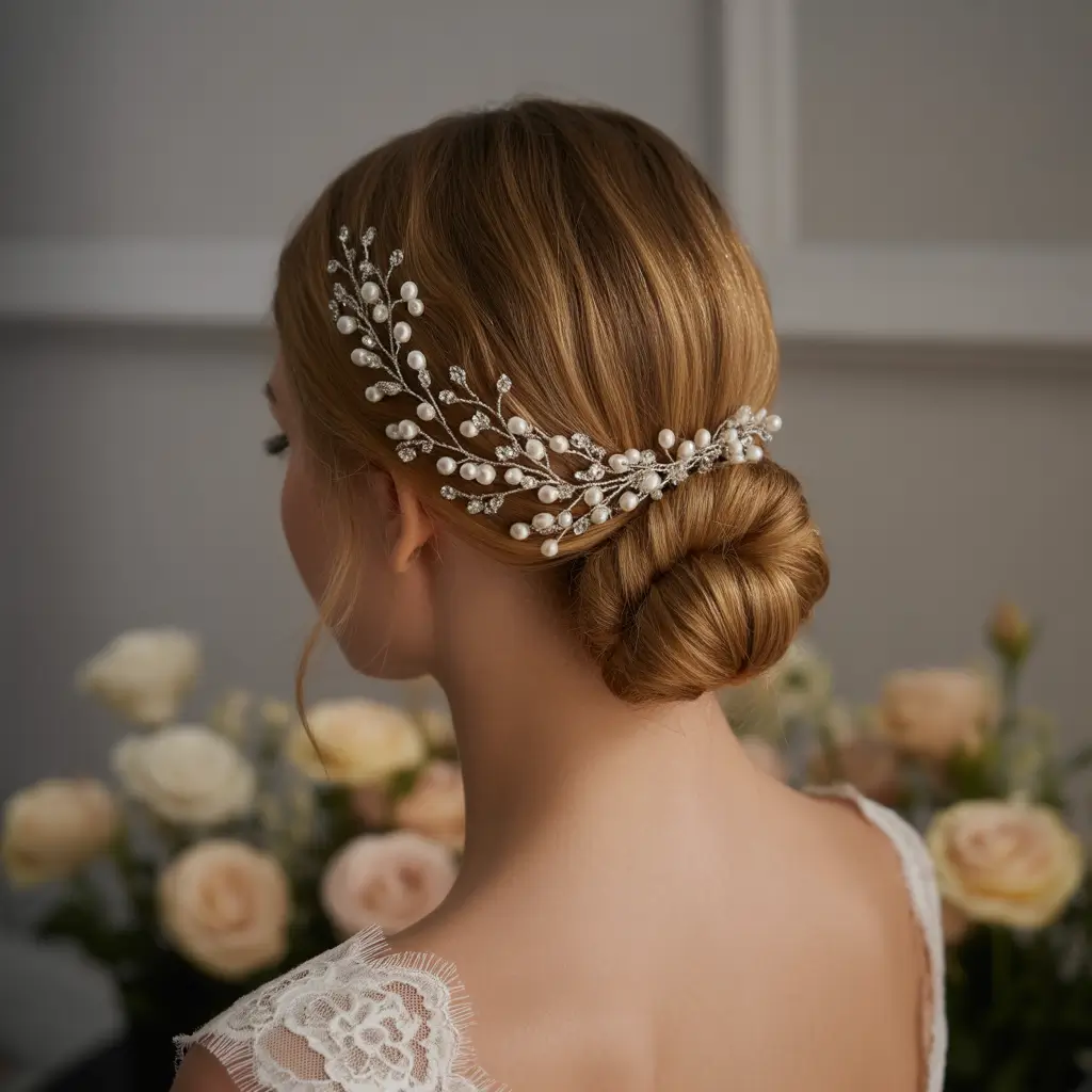 Wedding hair ideas 2026 - Pearl-Adorned Low Bun