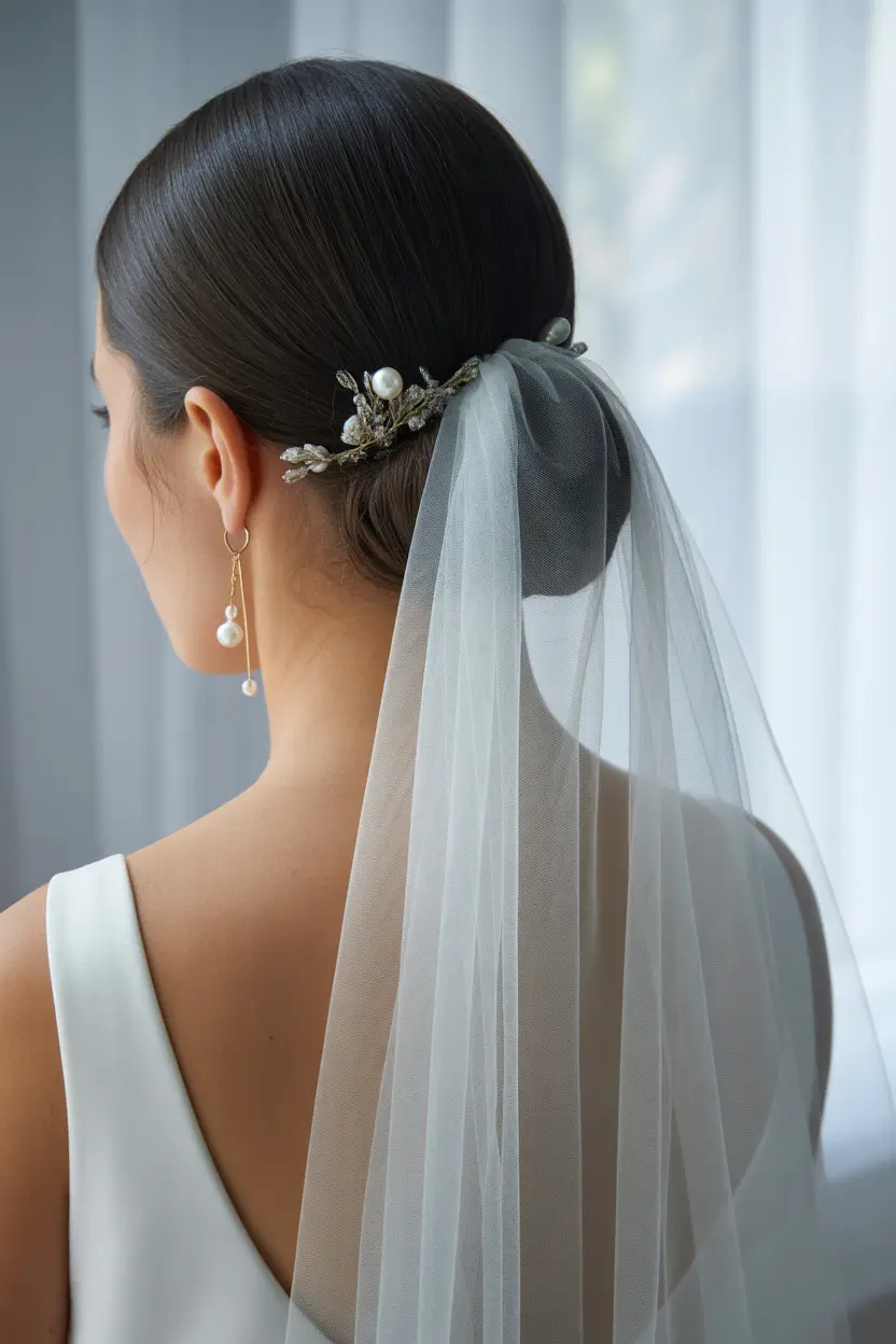 Wedding hair ideas 2026 - Minimal Sleek Bun With Veil Detail