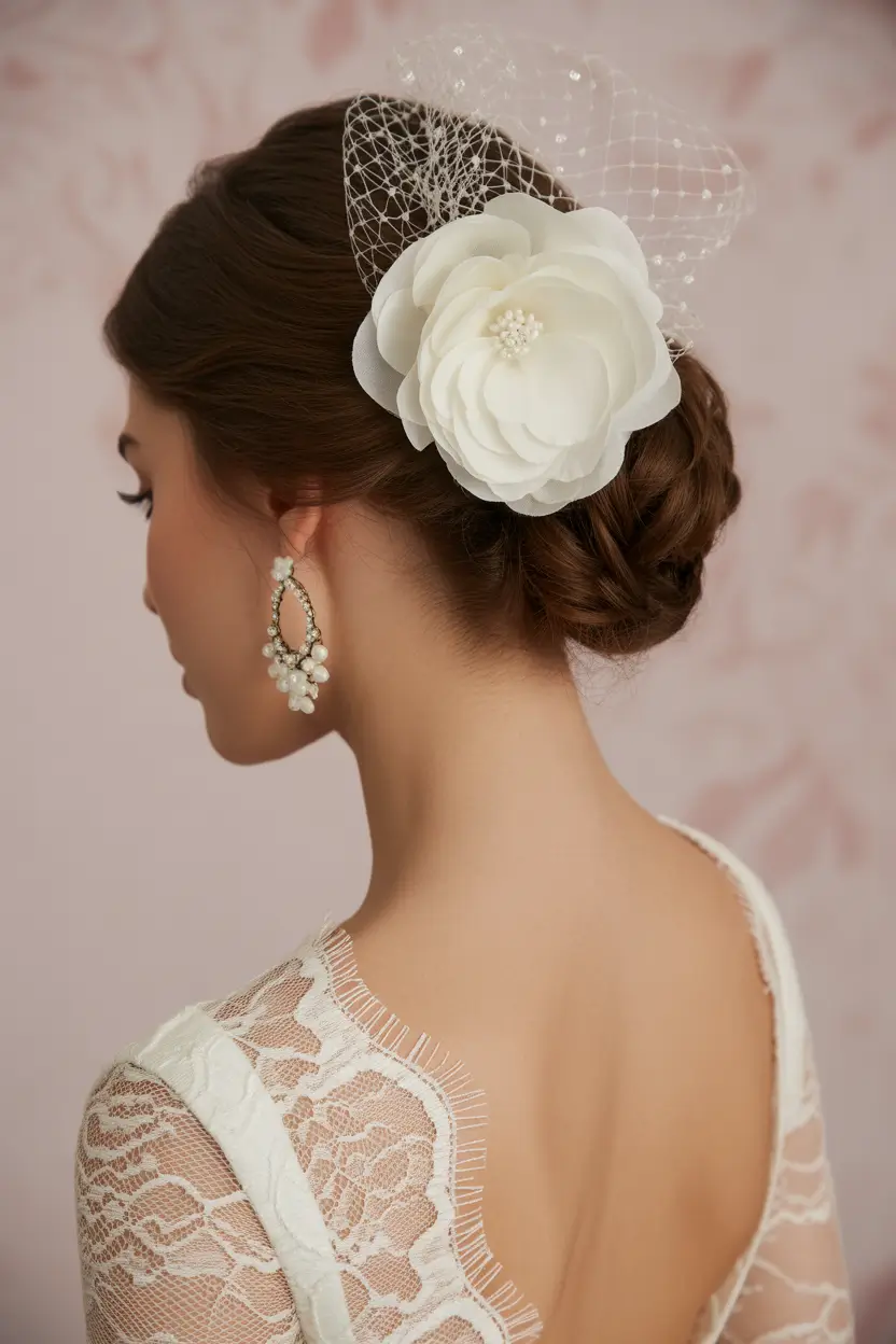 Wedding hair ideas 2026 - Classic Bun With Birdcage Veil and Oversized Flower