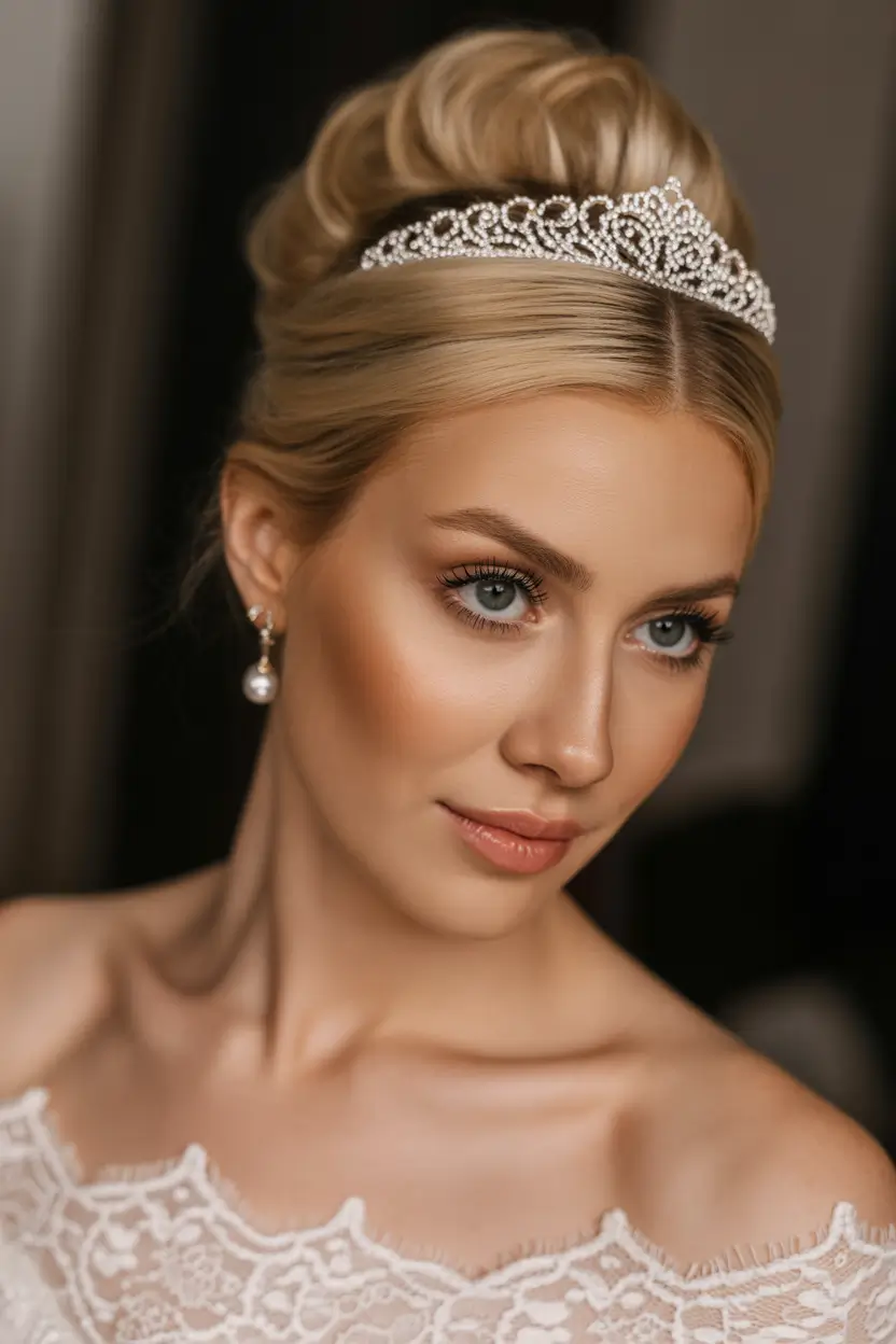 Wedding hair ideas 2026 - Regal High Bun With Crystal Tiara