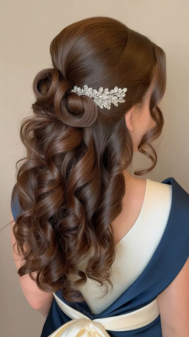 Wedding hair ideas 2026 - Glossy Brunette Half-Up With Sculpted Curls