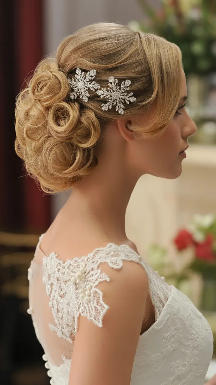 Wedding hair ideas 2026 - Curled Side Chignon With Snowflake-Inspired Clips