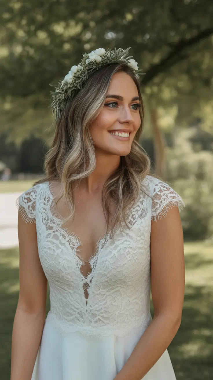 Wedding hair ideas 2026 - Soft Waves With Floral Crown