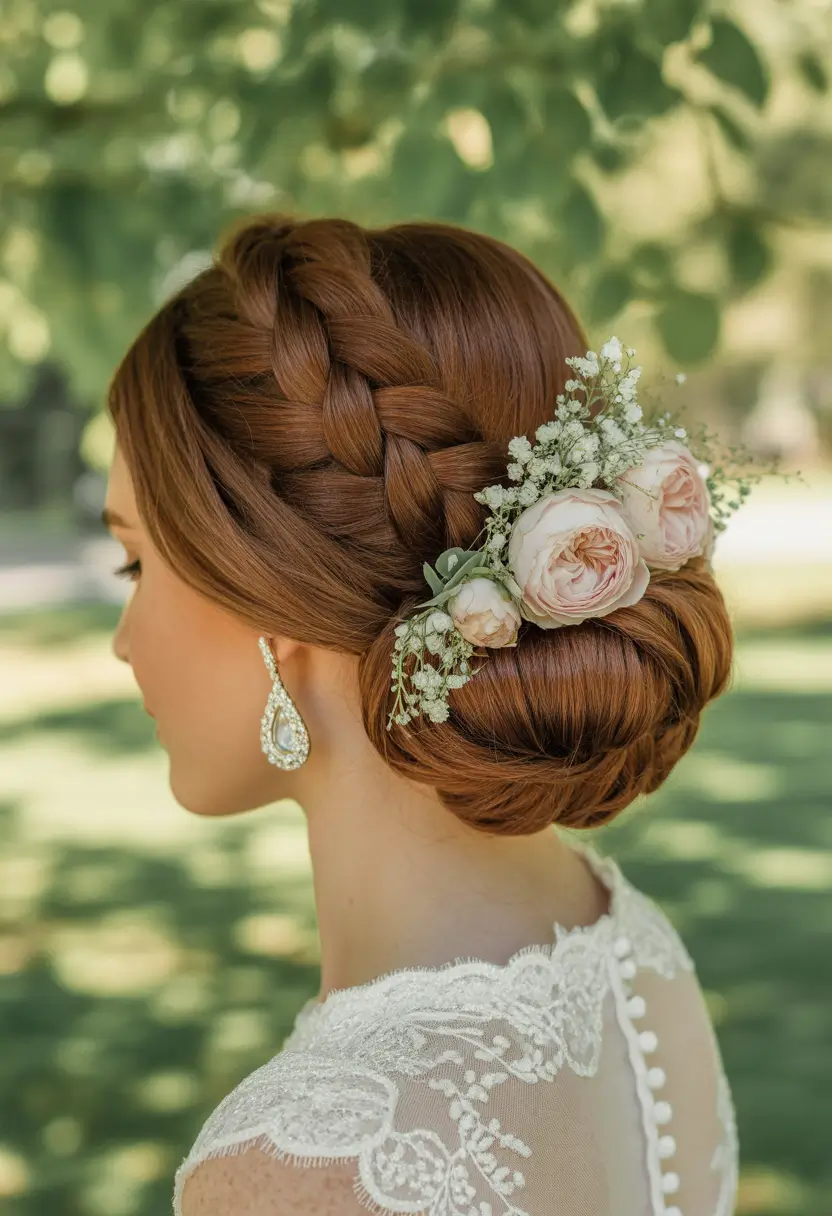 Wedding hair ideas 2026 - Braided Bun With Garden Roses